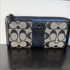 Coach genuine leather & signature canvas zip wallet clutch black neutral